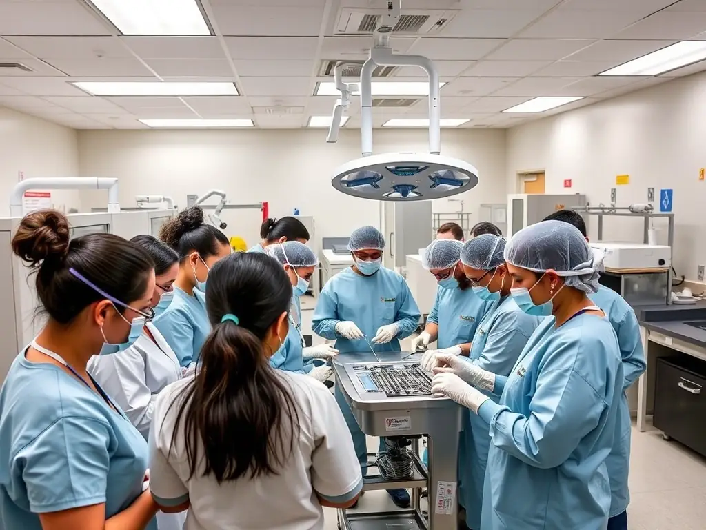 A diverse group of sterile processing technicians attentively participating in a hands-on training session, focusing on the proper techniques for instrument sterilization and infection control, set in a modern training facility.