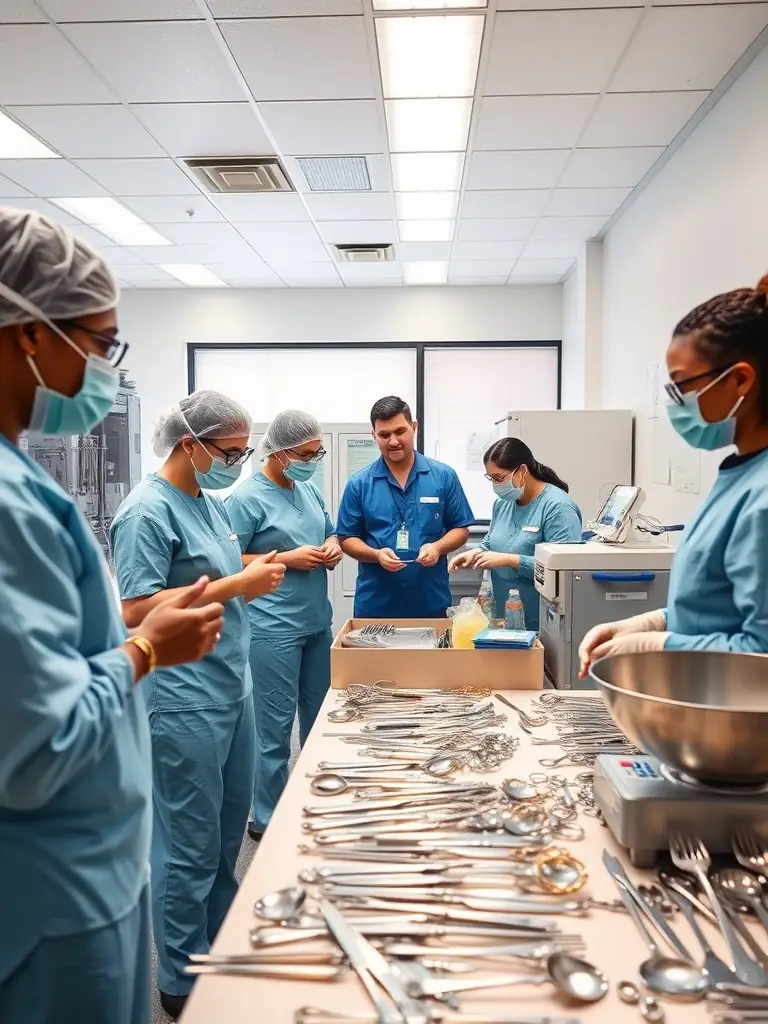 A diverse team of sterile processing technicians collaborating in a modern sterile processing department, ensuring instruments are meticulously prepared for surgery.