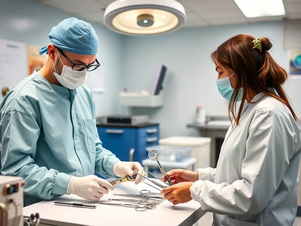 A senior sterile processing technician mentoring a junior technician, demonstrating the correct procedures for handling and sterilizing complex surgical instruments, emphasizing the importance of precision and attention to detail.