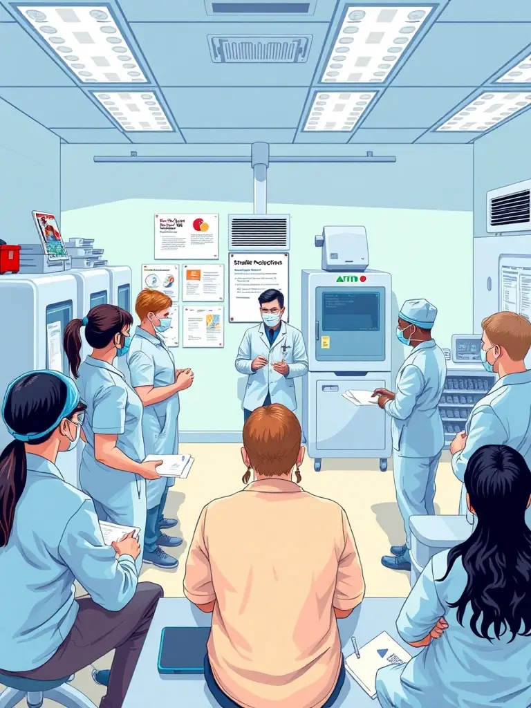 A training session for sterile processing technicians, focusing on the latest techniques and best practices in instrument sterilization and handling.