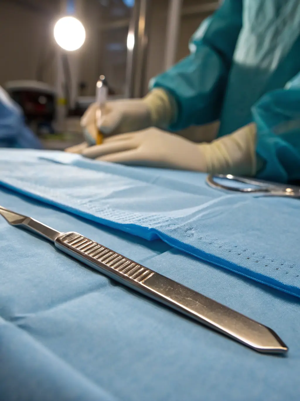 A close-up shot of a set of meticulously arranged surgical instruments, highlighting their sharpness and cleanliness, ready for a surgical procedure.