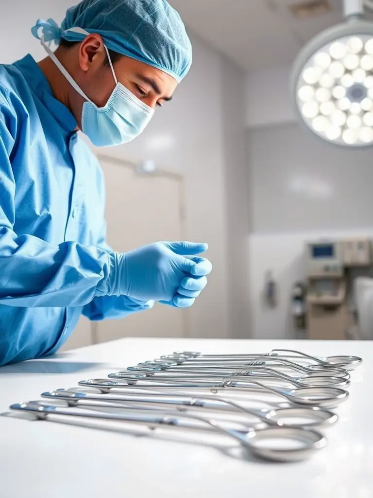 A sterile processing technician carefully inspecting a surgical instrument under bright light, ensuring it meets the highest standards of cleanliness.