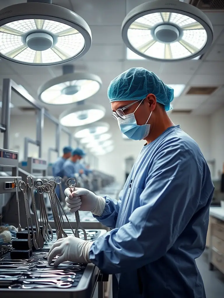 A sterile processing technician carefully inspecting surgical instruments under bright lighting, ensuring each tool meets the highest standards of cleanliness.