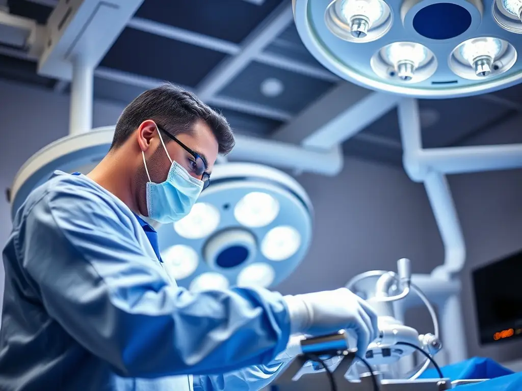 A sterile processing technician meticulously inspecting surgical instruments under bright lighting, ensuring they meet the highest standards of cleanliness and functionality, in a state-of-the-art sterile processing department.