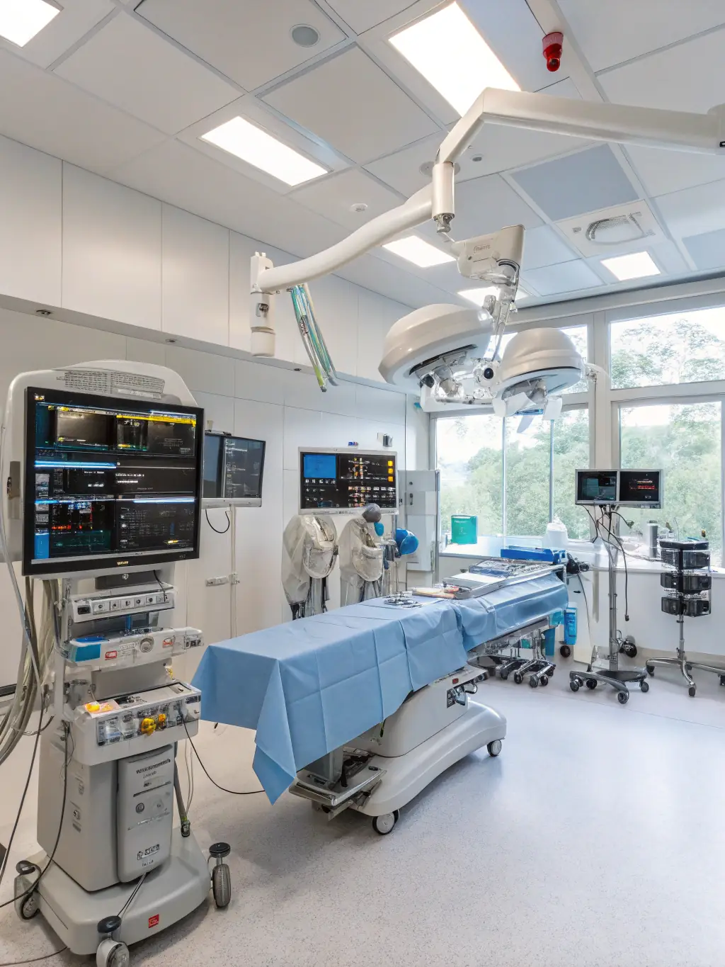 A modern operating room equipped with advanced medical device equipment, showcasing the technology used in today's surgical procedures.