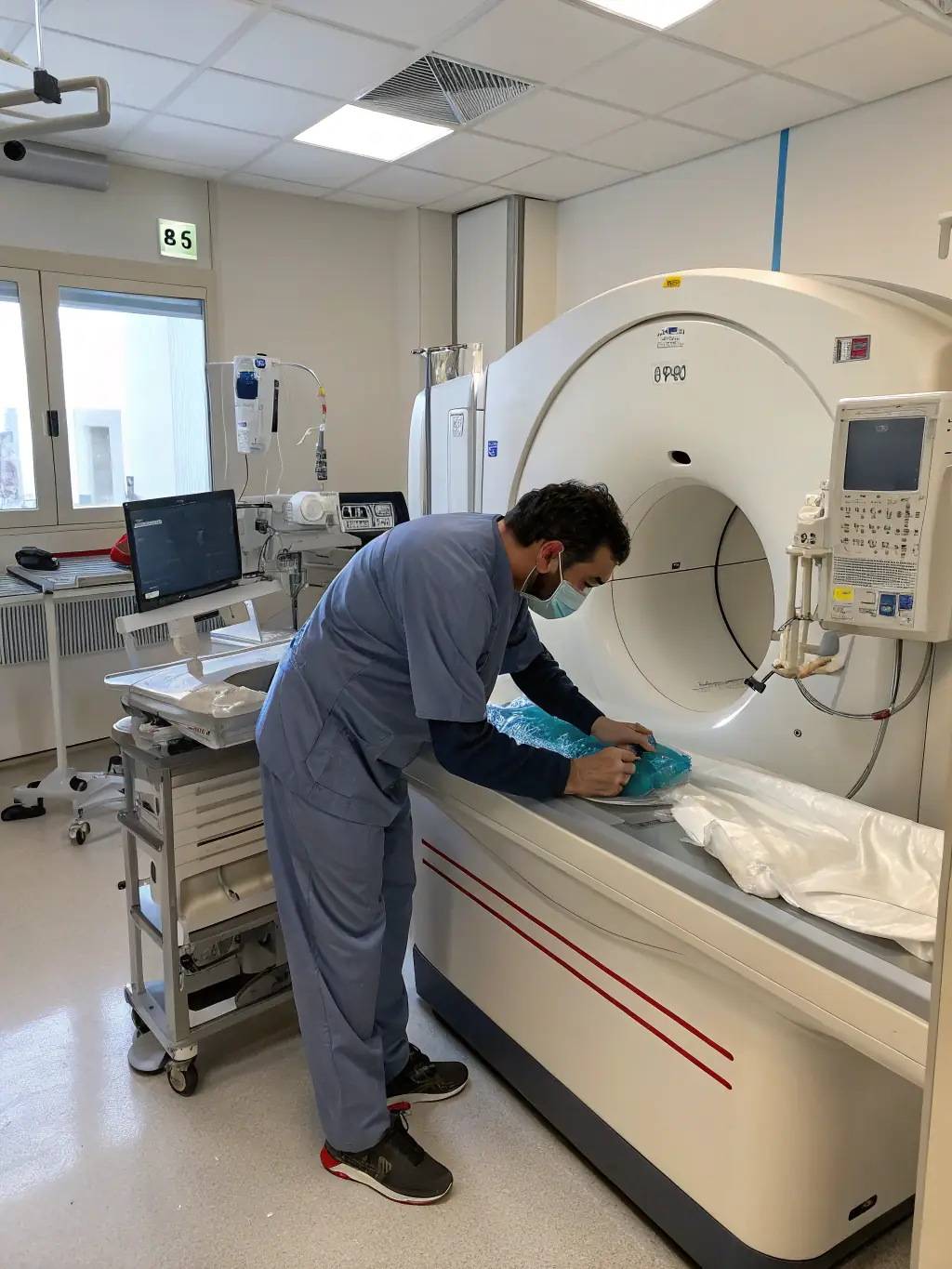 A technician in full protective gear carefully examining medical equipment in a sterile environment, emphasizing precision and attention to detail.