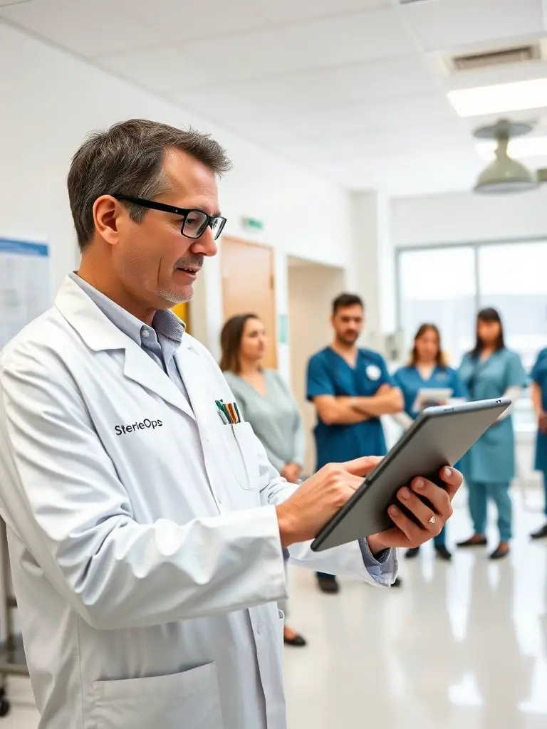A SterileOps consultant working with hospital staff, reviewing sterile processing protocols and identifying areas for improvement in a modern healthcare facility.