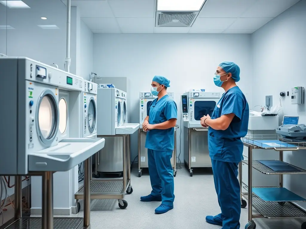Healthcare professionals inspecting sterilization equipment in a hospital setting, showcasing SterileOps' support services.
