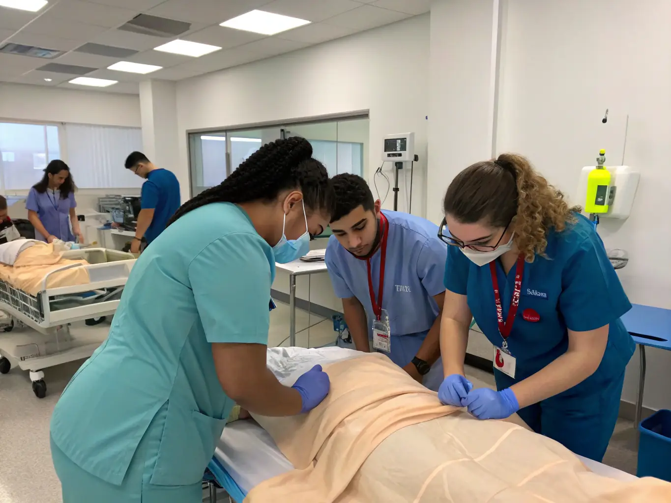 A group of SterileOps trainees in a modern sterile processing lab, wearing sterile attire and practicing instrument sterilization techniques under the guidance of an instructor. The lab is well-equipped with autoclaves and other sterilization equipment.