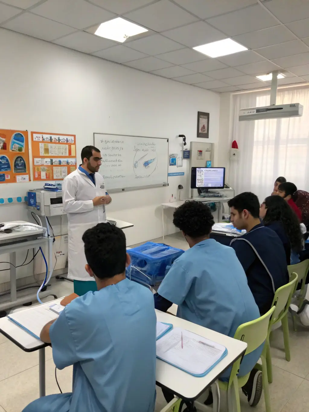 A diverse group of students in a SterileOps training program, attentively listening to an instructor demonstrating proper sterilization techniques on surgical instruments.