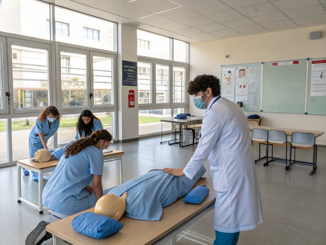 A mentor is guiding a SterileOps trainee through a pre-apprenticeship program, offering personalized support and career guidance. The setting is a supportive and collaborative learning environment.