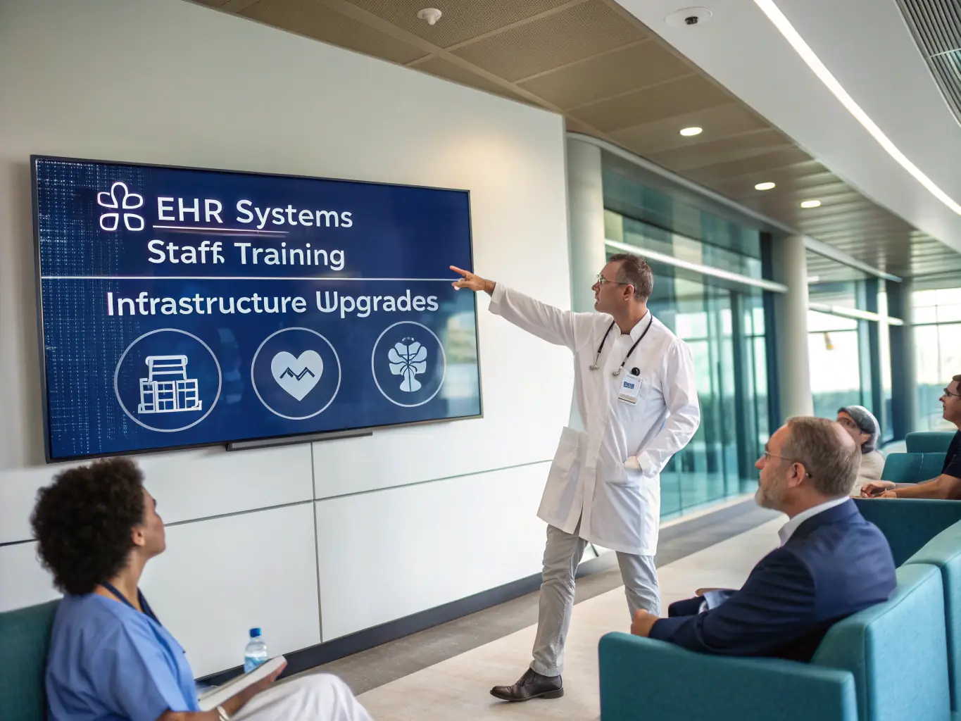 A SterileOps consultant working with hospital staff in a sterile processing department, reviewing workflow processes and compliance protocols. The consultant is providing guidance on optimizing efficiency and reducing errors.