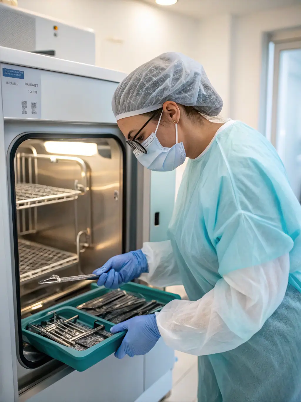 A SterileOps technician carefully inspecting and organizing surgical instruments in a sterile processing department, ensuring each instrument meets quality standards.
