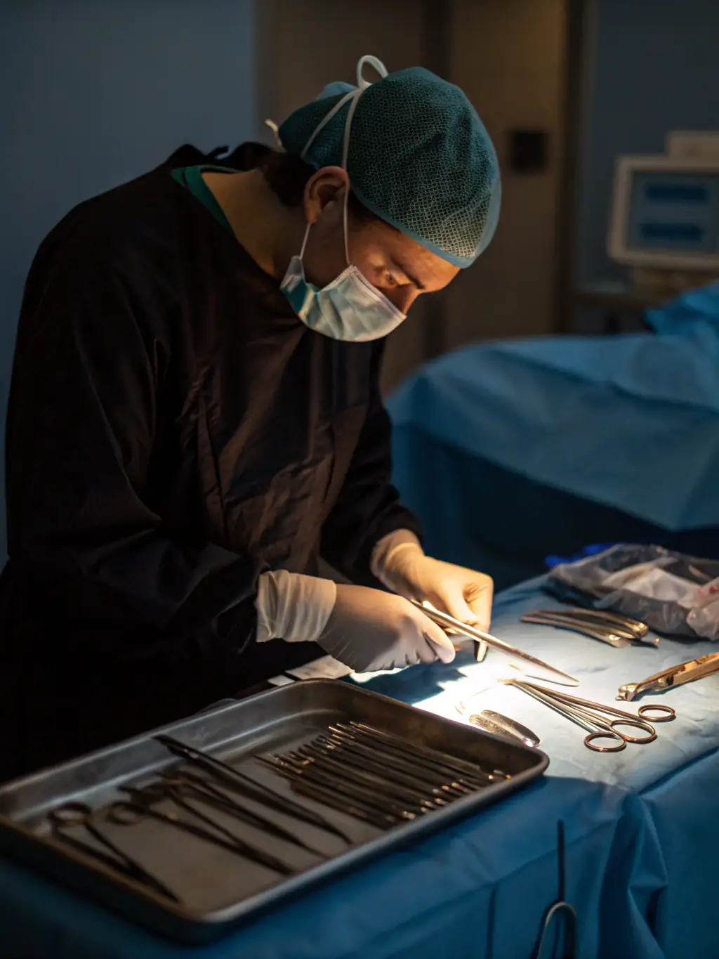 A sterile processing technician meticulously inspecting surgical instruments under bright lighting in a sterile processing department, ensuring each instrument meets the highest standards of cleanliness and functionality.