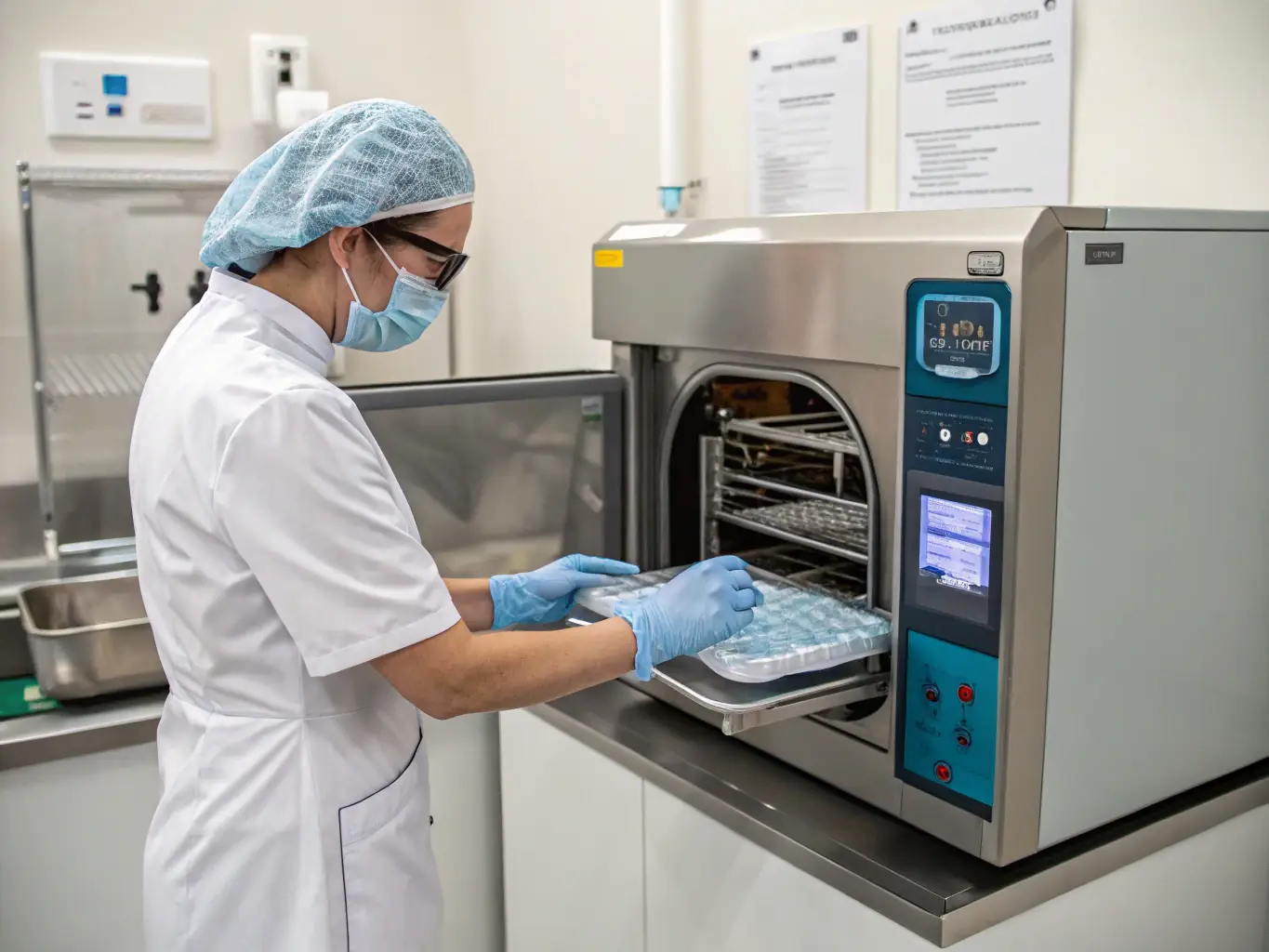 A SterileOps instructor is demonstrating proper sterilization techniques to a group of students in a modern, well-equipped sterile processing lab. The students are attentively watching and taking notes, highlighting the hands-on learning approach.