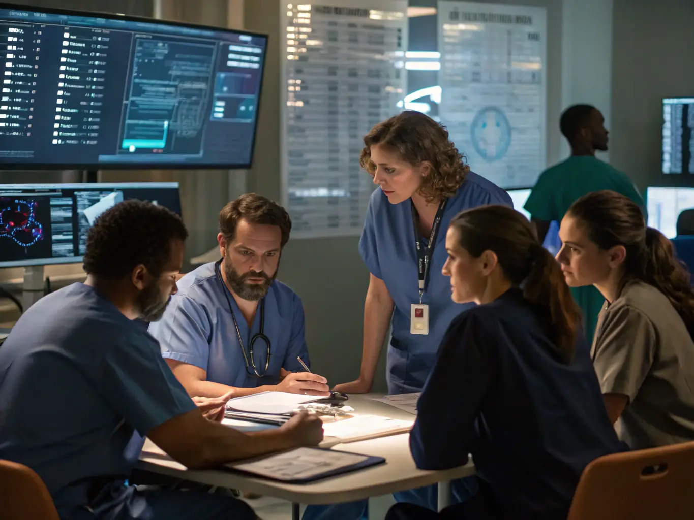 A team of SterileOps consultants working with hospital staff, conducting an operational assessment of a sterile processing department, focusing on workflow optimization and compliance.