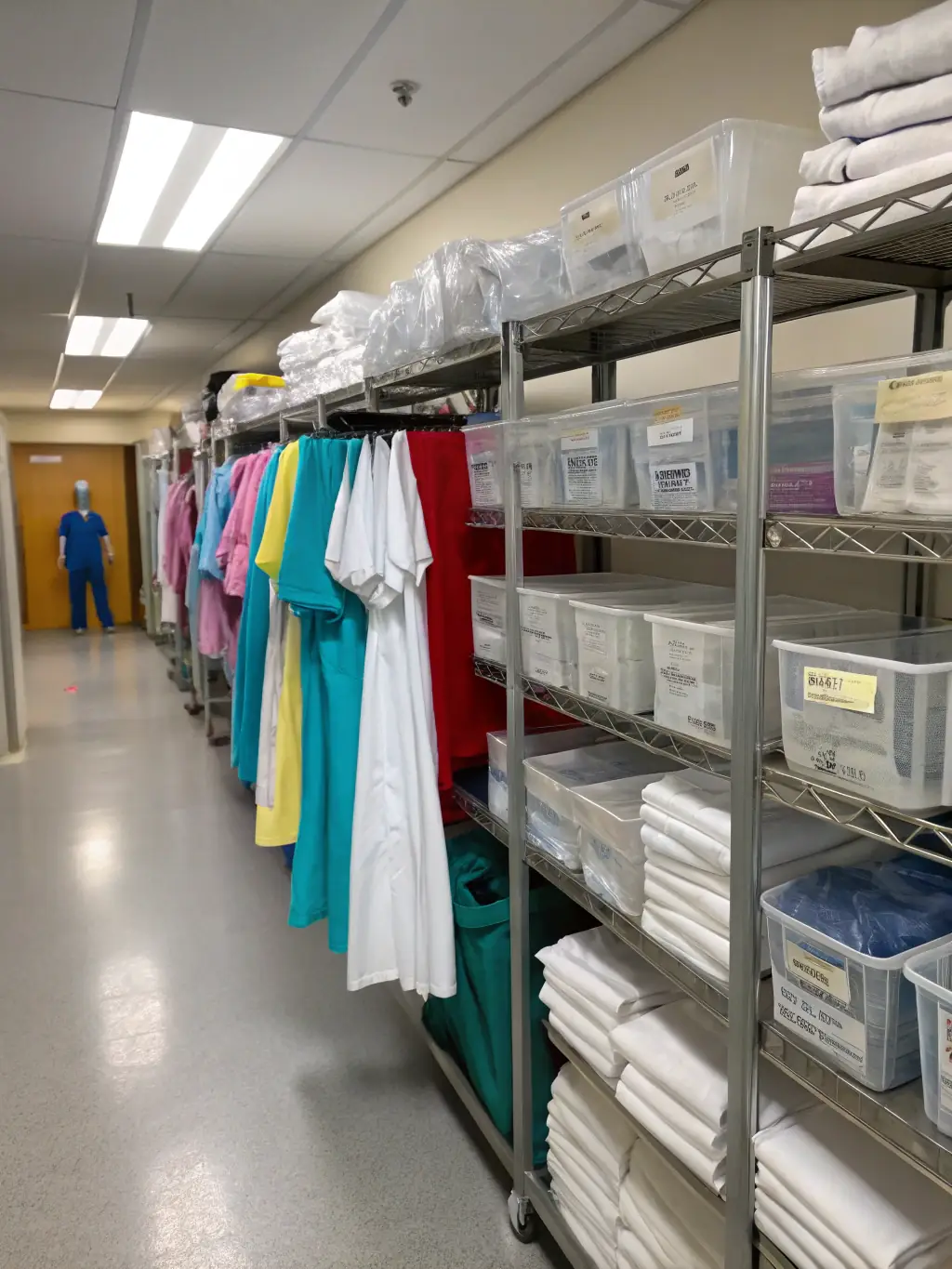 A variety of surgical instruments and sterilization supplies neatly organized and readily available in a sterile processing department's supply room.