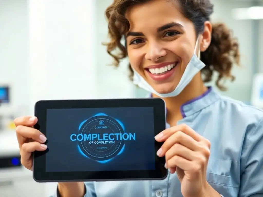 A smiling sterile processing technician receiving a certificate of completion from an online course, with a digital badge displayed on a sleek, electric-blue accented interface.