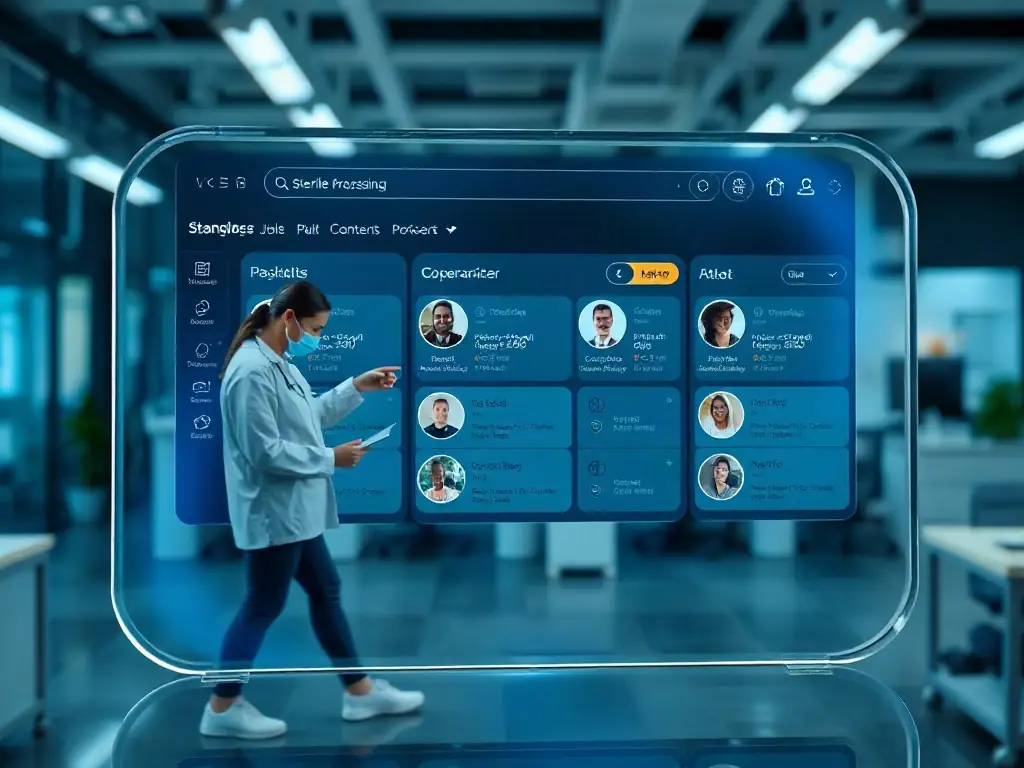 A modern, glassmorphic card showing a diverse group of sterile processing professionals reviewing job listings on a sleek digital dashboard, with electric-blue highlights and a dark background, conveying a sense of opportunity and advancement.