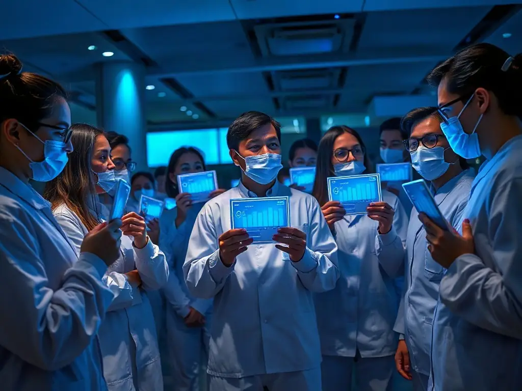 A group of professionals participating in a quiz session, with electric-blue quiz cards and animated progress bars, set against a dark glass-morphism background.