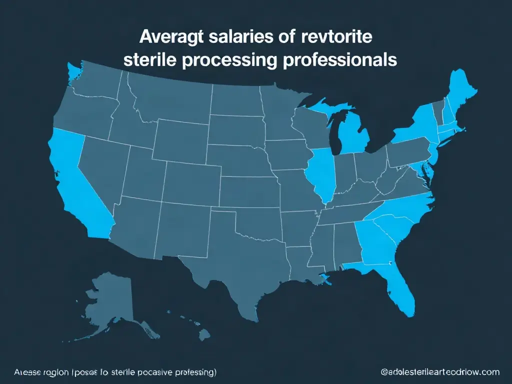 A stylized, interactive pay map graphic with electric-blue highlights, displaying average salaries for sterile processing professionals across different U.S. regions, set on a translucent dark-slate card.