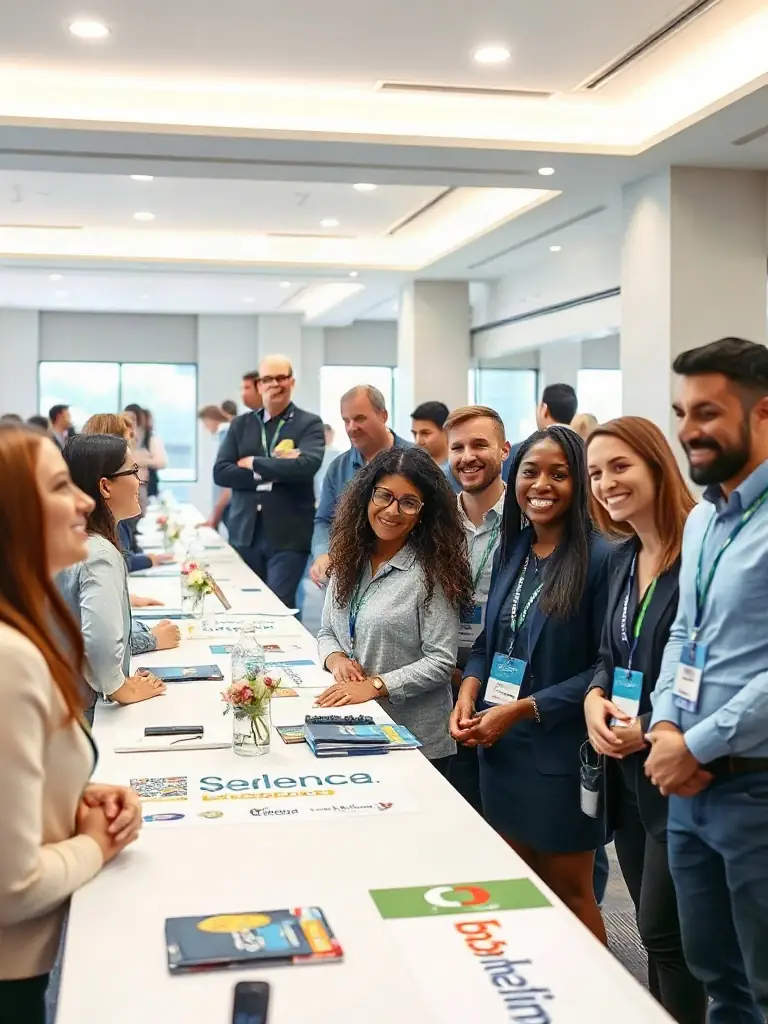 A community-focused image featuring a group of smiling sterile processing professionals networking at a modern conference, with branded sponsor materials visible in the scene.
