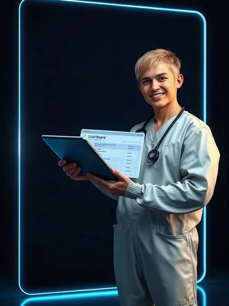 A modern, glassmorphic card featuring a confident sterile processing technician reviewing a digital job board on a tablet, with electric-blue highlights and a dark background, representing the action of applying for jobs within the SterileOps platform.
