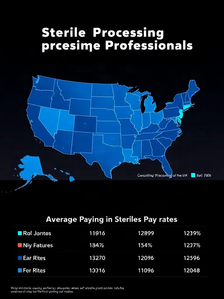 A digital map of the United States with electric-blue highlights, showing average pay rates for sterile processing professionals in different regions, styled with modern, translucent overlays.