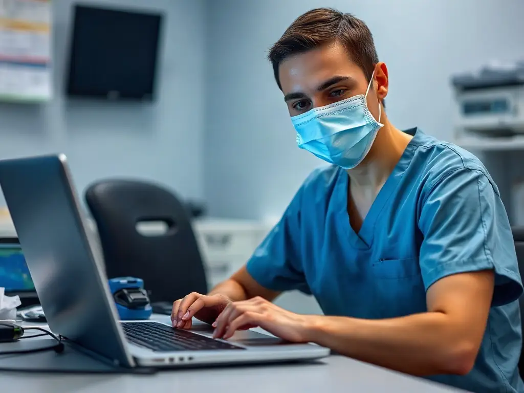 A close-up of a sterile processing technician taking a mock exam on a laptop, with exam questions visible on a dark-themed screen and a confident expression.