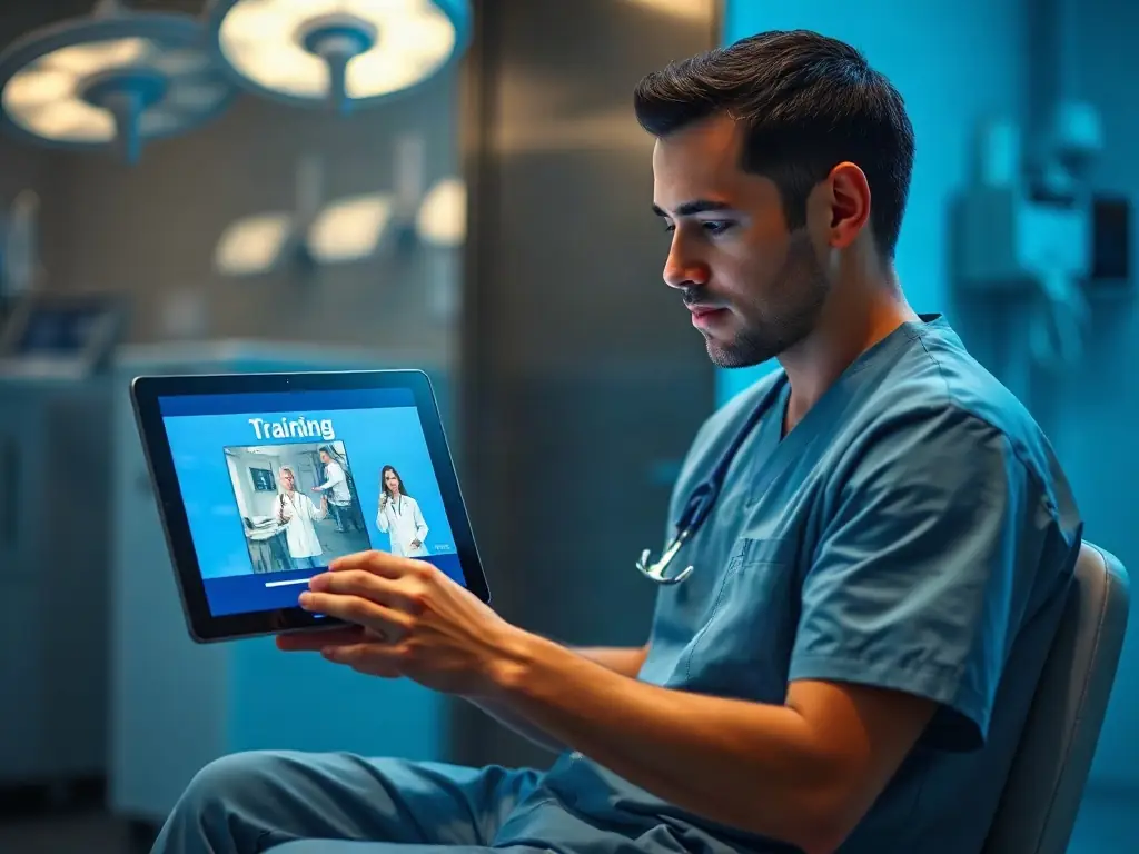 A modern sterile processing technician in scrubs attentively watching an online training video on a tablet in a hospital reprocessing room, with blue accent lighting and glass-morphism UI overlays.