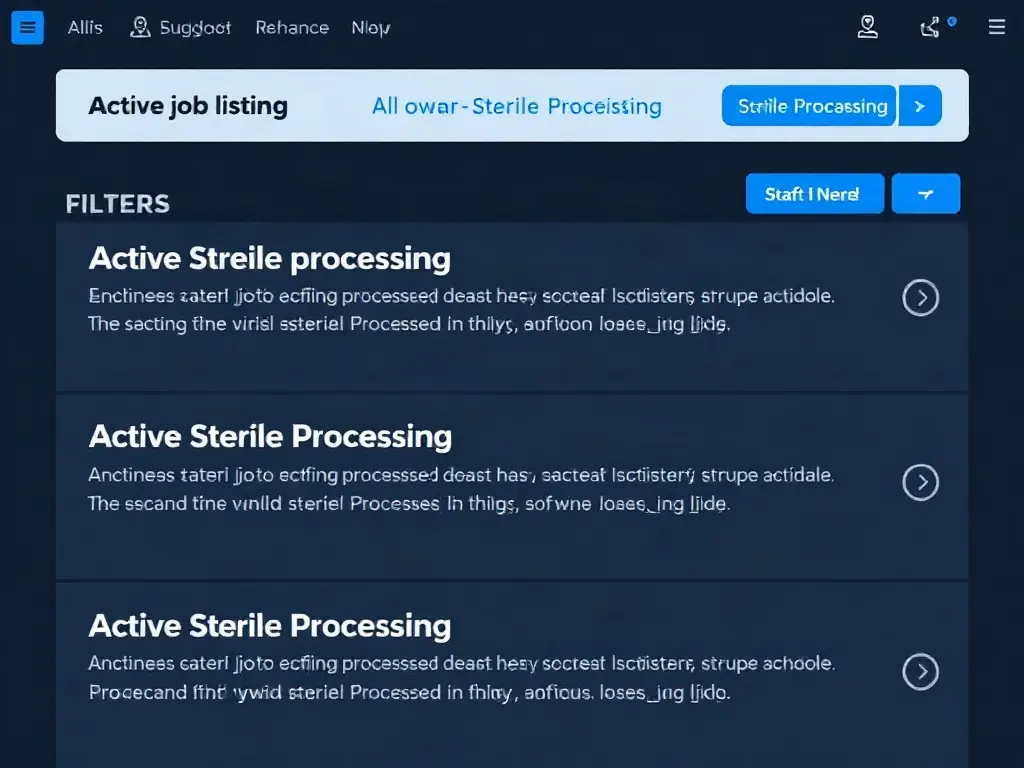 A modern, electric-blue accented screenshot of the SterileOps job board interface, showing active sterile processing job listings and filters, set against a dark navy background with white text.