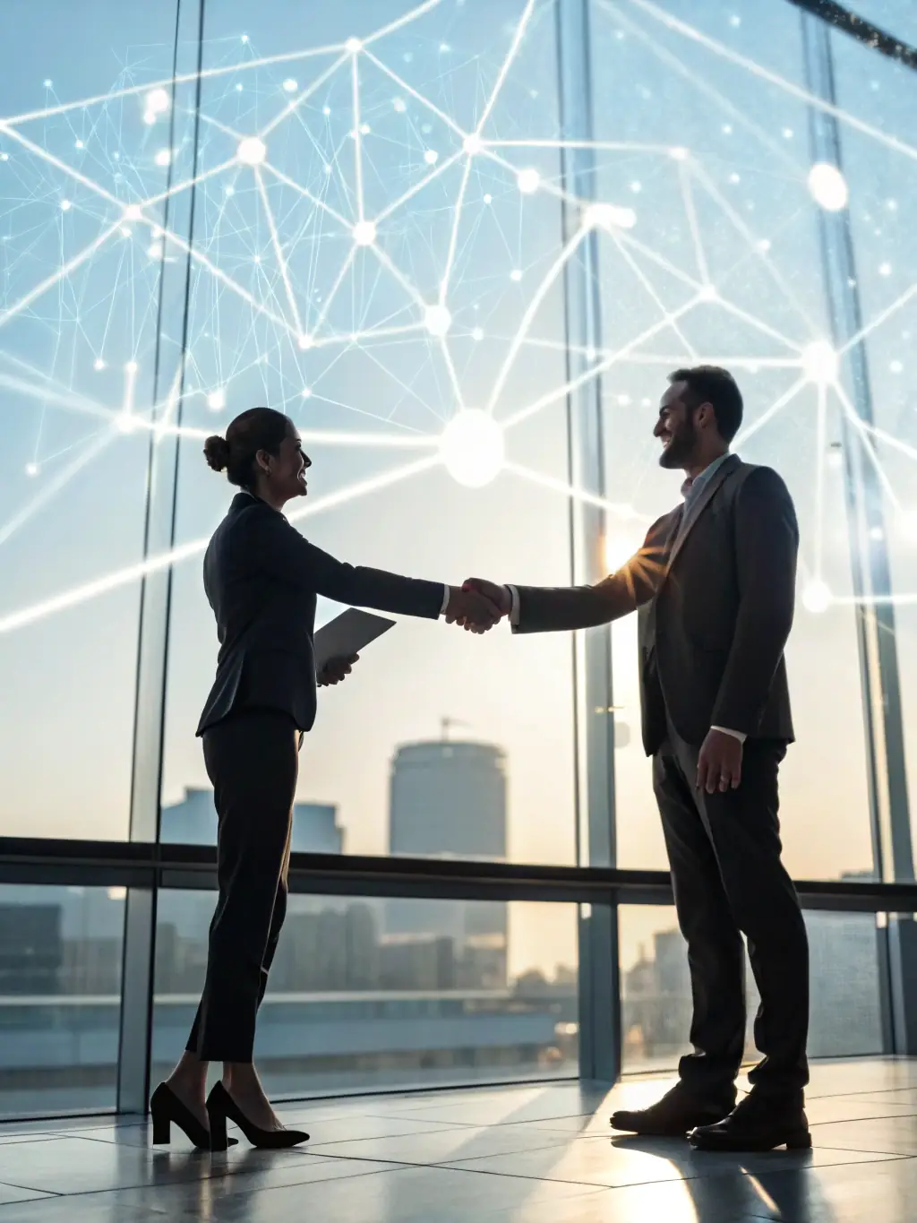 A modern, glass-morphism styled photo of two business professionals shaking hands in front of a digital screen displaying the SterileOps logo, set against a dark, electric-blue accented background, representing a successful partnership agreement.