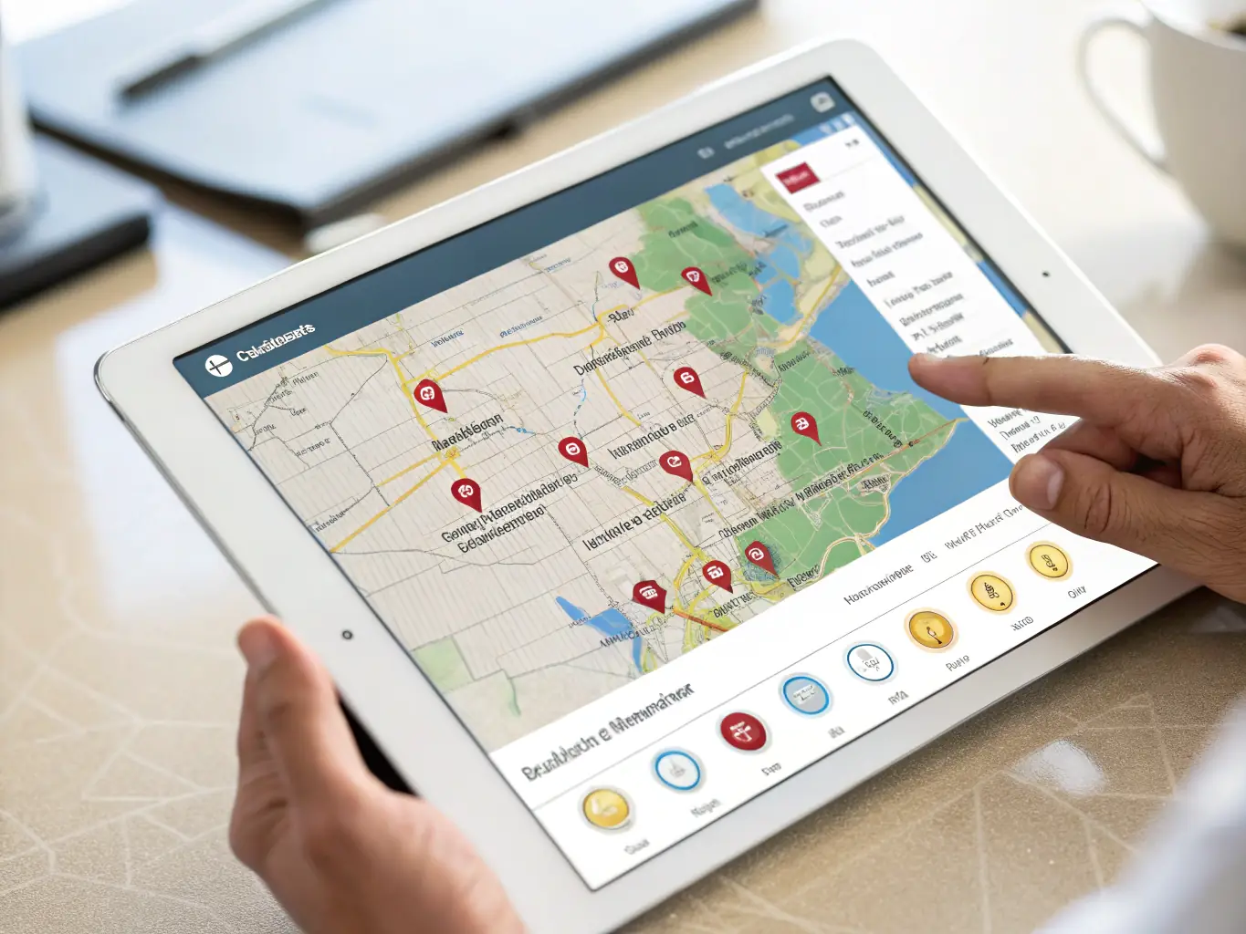 A stylized, interactive pay map displayed on a glowing tablet, with regions highlighted in electric blue, surrounded by icons representing salary data and career growth, set against a premium dark interface.