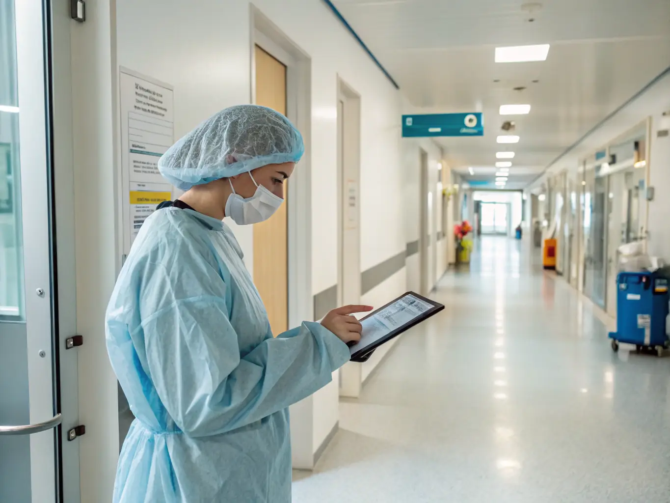 A high-resolution image of a sterile processing technician reviewing digital course materials on a tablet, surrounded by stainless steel trays and instruments, in a modern hospital reprocessing room with electric-blue accent lighting.