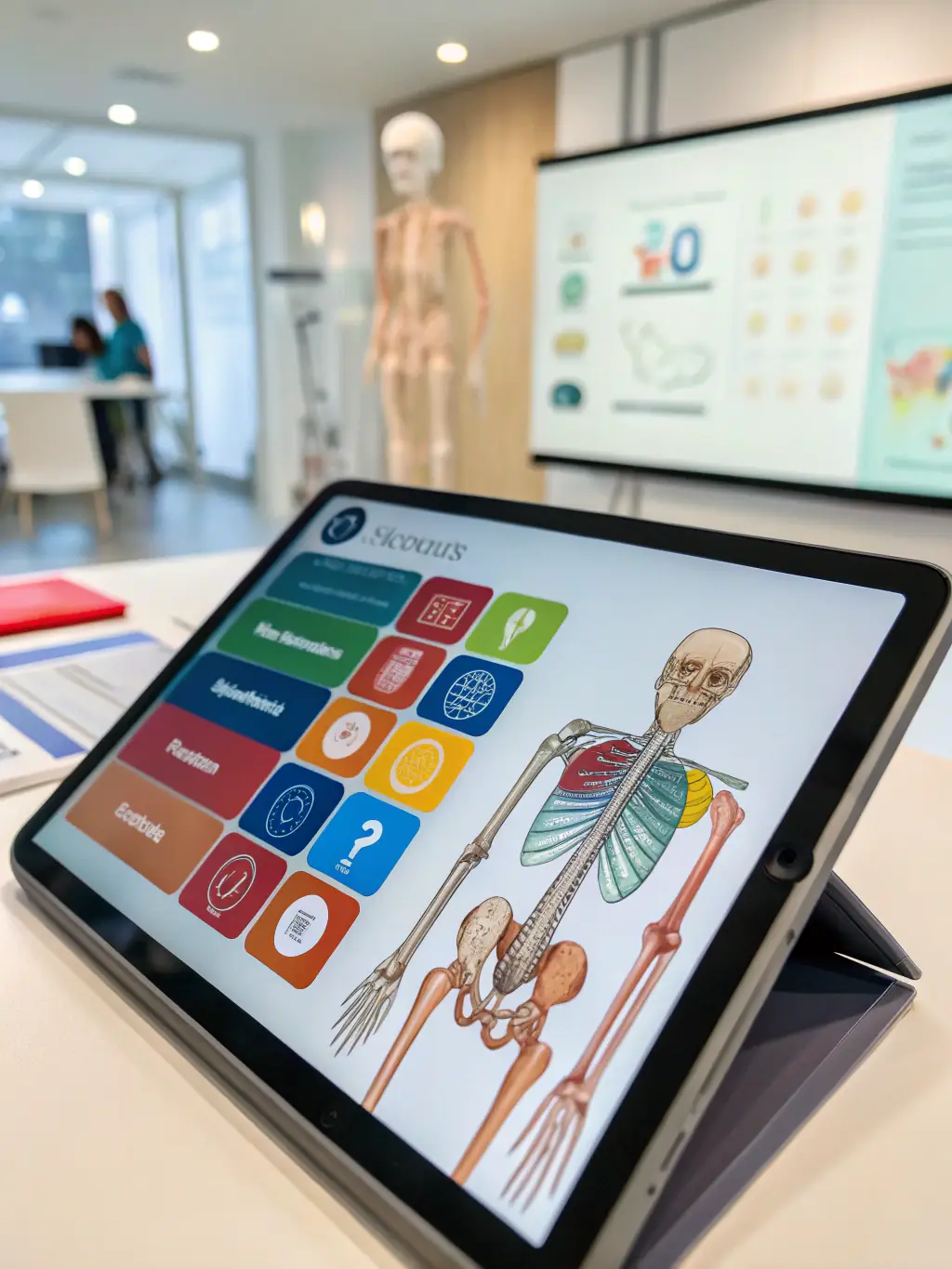 A close-up of a tablet showing a quiz interface with multiple-choice questions and progress bars, surrounded by sterile processing tools and blue gradient highlights.