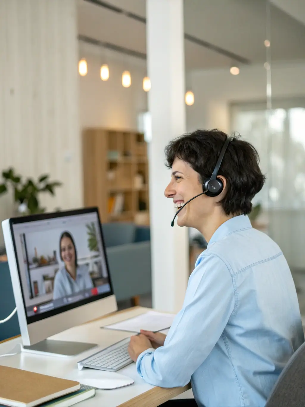 A support specialist responding to a career inquiry via live chat on a sleek, dark-themed interface, with the SterileOps logo subtly visible.