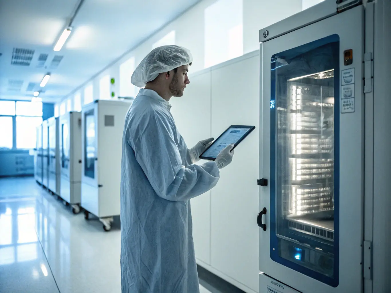 A group of diverse sterile processing staff collaborating around a workstation, reviewing digital course materials on a large screen, with a clean, high-tech, community-driven atmosphere.