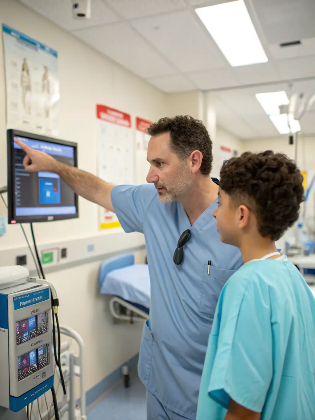 A friendly mentor guiding a new technician in a hospital setting, both wearing scrubs, with a subtle electric-blue overlay, illustrating mentorship and career guidance.