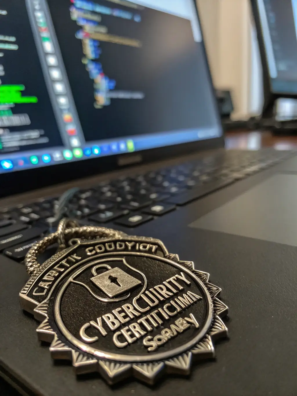 A professional development badge and certificate displayed on a digital screen, surrounded by networking icons and industry partner logos in electric-blue.