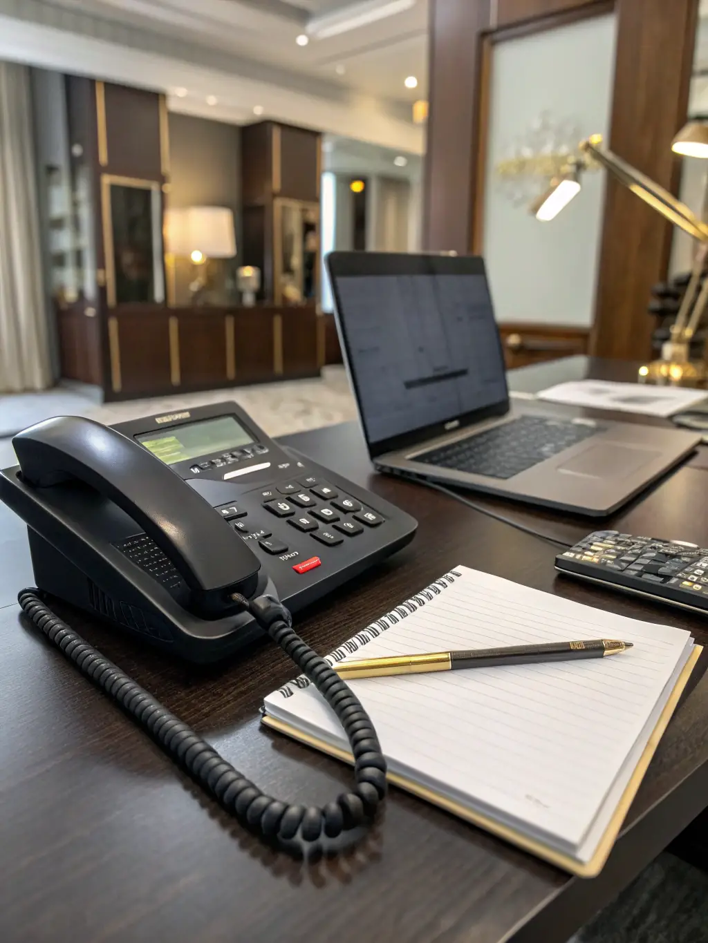 A modern workspace with a notebook, pen, and a tablet showing interview preparation checklists, all set against a dark navy background with electric-blue highlights.