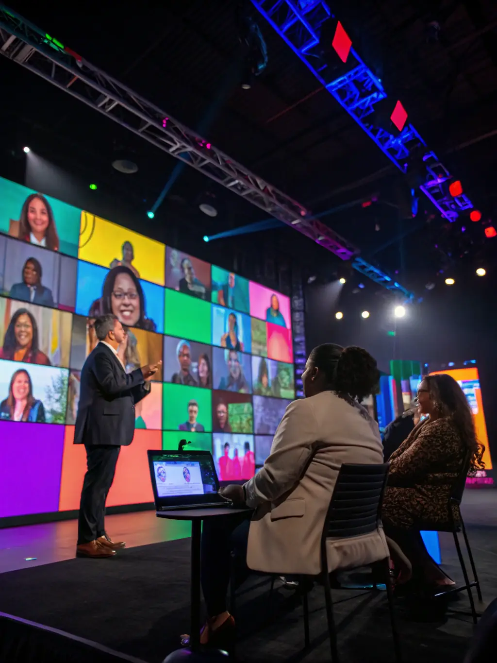 A diverse group of sterile processing professionals networking at a virtual event, with glowing blue accents and a sleek, premium interface, symbolizing professional community engagement.