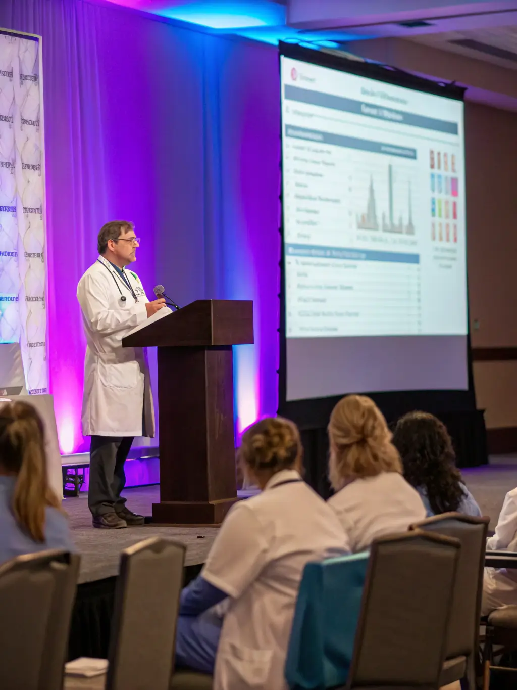 A vibrant image of a live-streamed industry event, with sponsor banners and a diverse audience of healthcare professionals engaging with the content, all styled in SterileOps’s signature color palette.