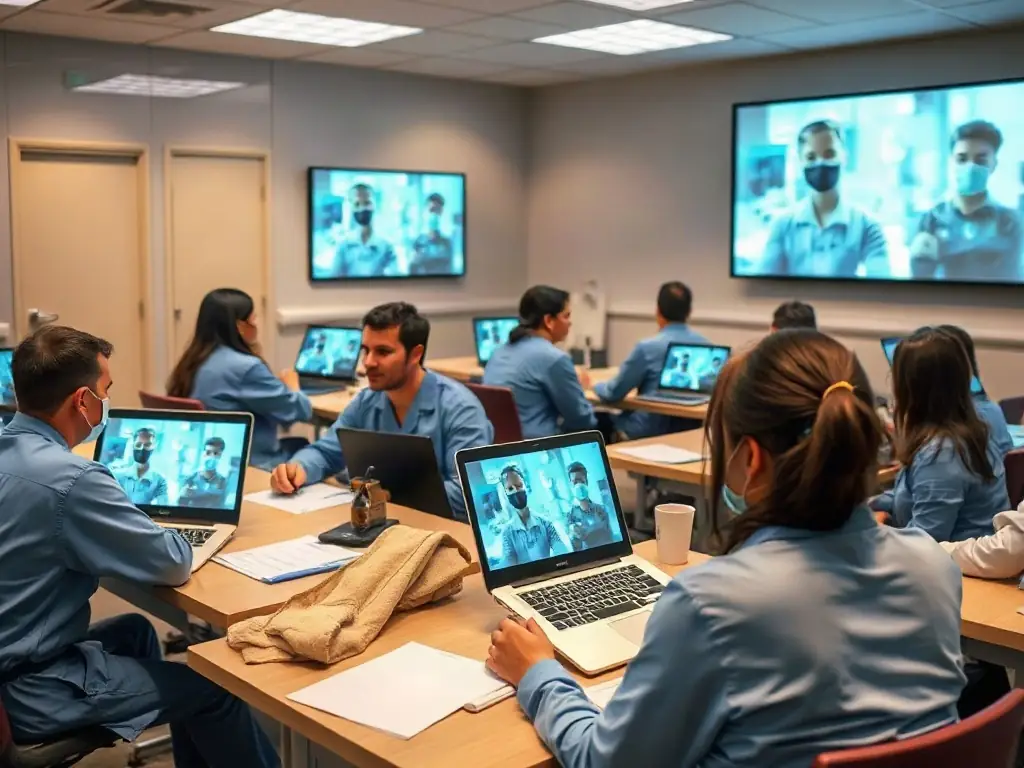 An image showing a group of sterile processing professionals participating in an interactive quiz session, with digital screens displaying questions and electric-blue progress bars, in a sleek training room.