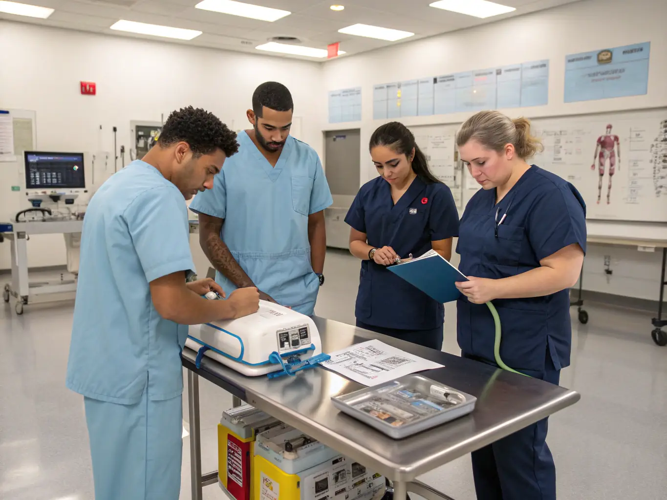 A group of professionals participating in a hands-on sterile processing training session, with an instructor guiding them, all set in a modern classroom with glass walls and digital displays.